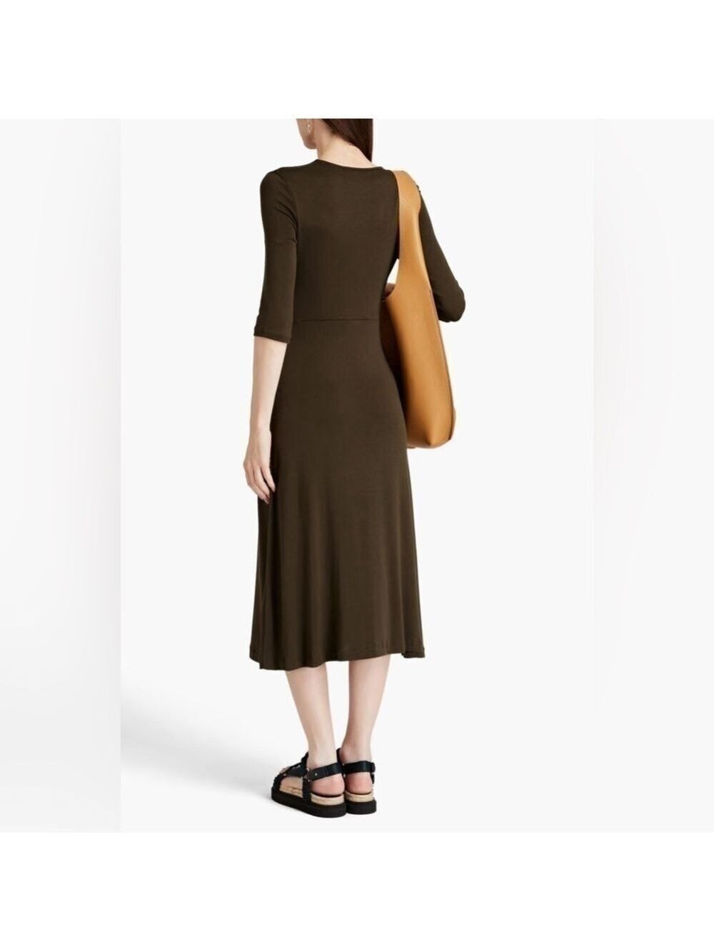VINCE | Army Green Stretch Elbow Sleeve Jersey Midi Dress Small - Picture 6 of 13